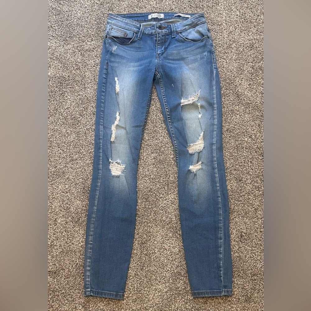 Guess Distressed Mid-Blue Power Skinny Low Jeans Size 27
